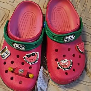 MAKE OFFER CROCS Vibrant Pink Clogs with Green Strap